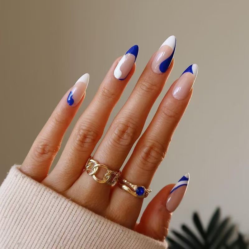 Blue and White Color-Block Ready-Made Press-On Nails