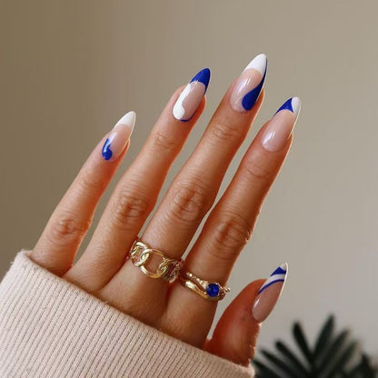 Blue and White Color-Block Ready-Made Press-On Nails