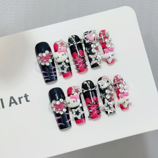 Abby Sweet & Cool Kitty Square Tube Handmade Press-On Nails for Trendy Girls
