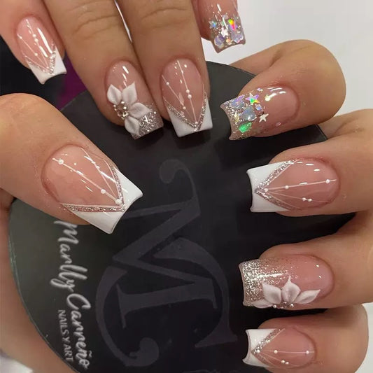 French Geometric Glitter Gradient Press-On Nails