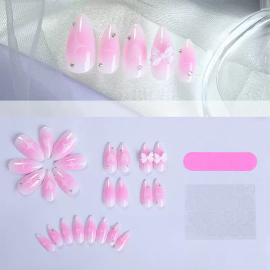 Valentine’s Day Almond-Shaped Blush Pink Press-On Nails with Fresh Bow Design