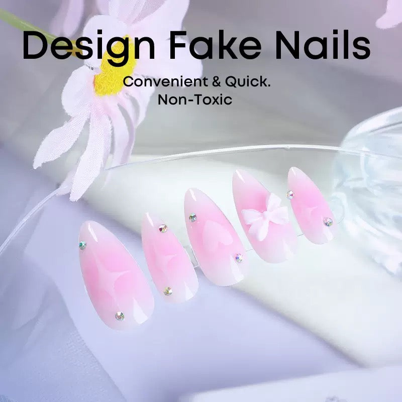 Valentine’s Day Almond-Shaped Blush Pink Press-On Nails with Fresh Bow Design