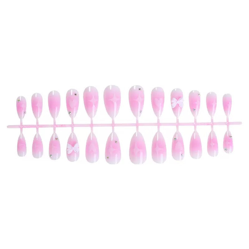 Valentine’s Day Almond-Shaped Blush Pink Press-On Nails with Fresh Bow Design