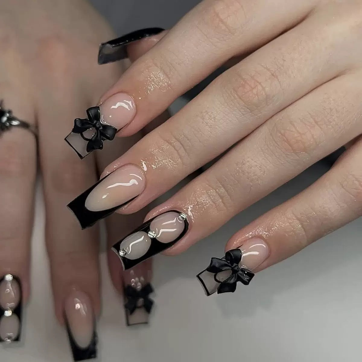 Elegant Black French Press-On Nails – Mid-Length Square with Butterfly Bow & Rhinestones