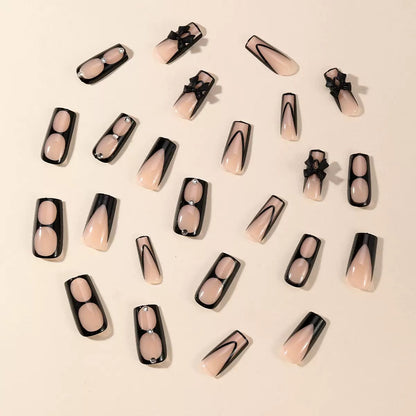 Elegant Black French Press-On Nails – Mid-Length Square with Butterfly Bow & Rhinestones