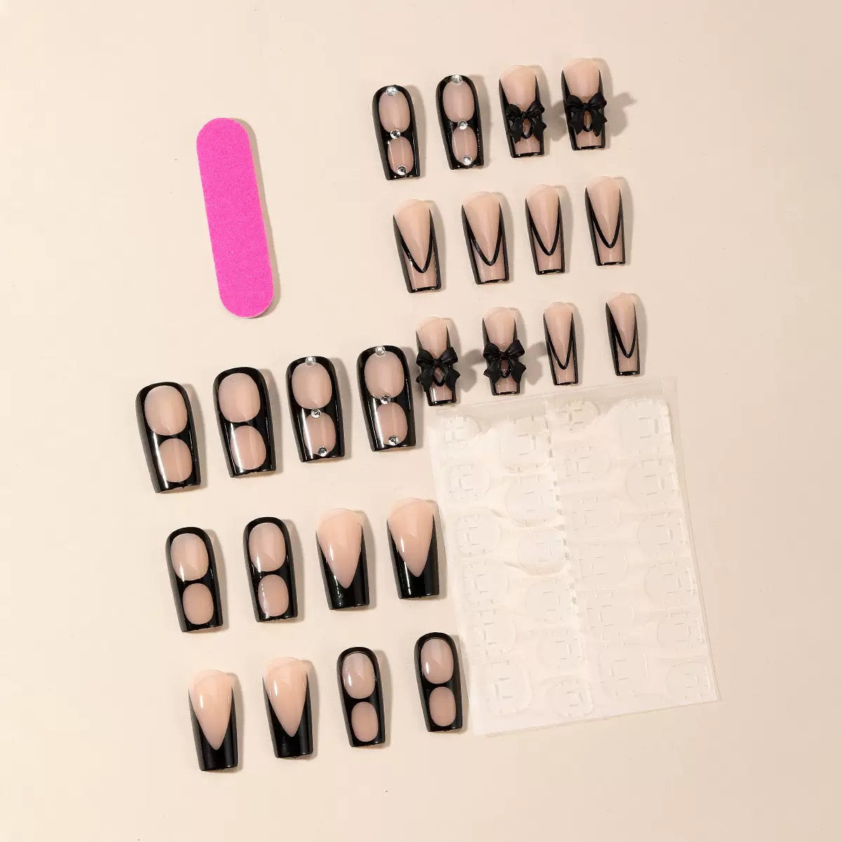 Elegant Black French Press-On Nails – Mid-Length Square with Butterfly Bow & Rhinestones