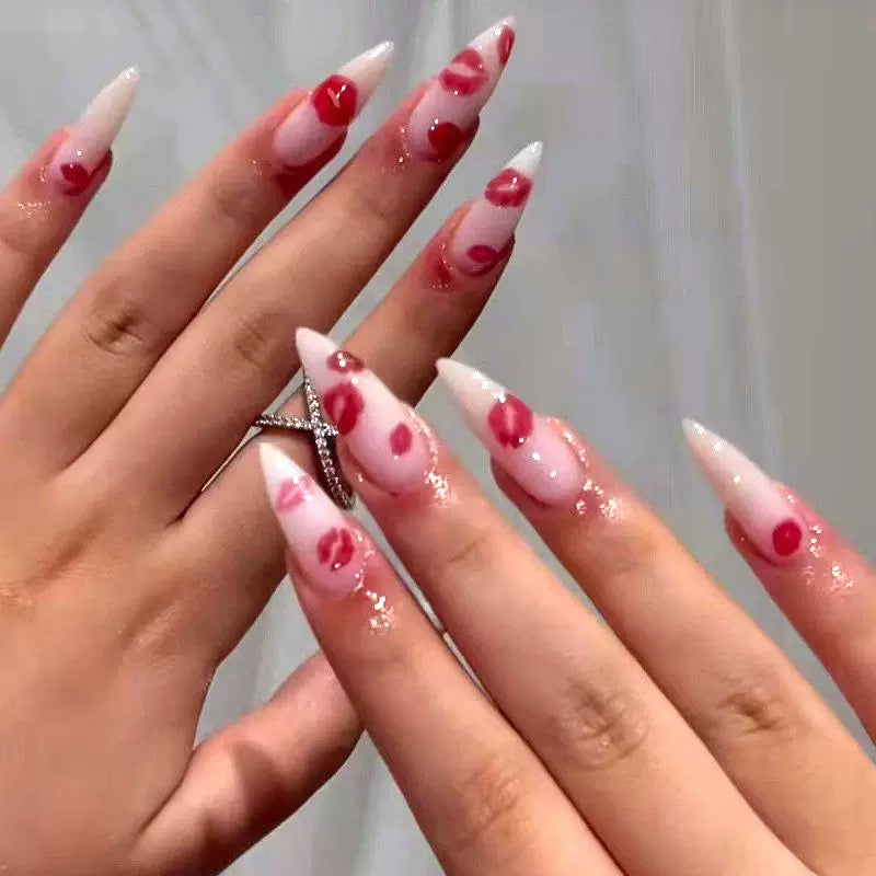 Valentine’s Day Sexy Red Lip Medium-Long Almond Press-On Nails with a Simple Design