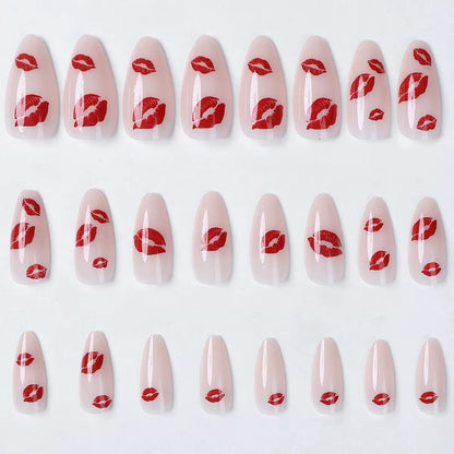 Valentine’s Day Sexy Red Lip Medium-Long Almond Press-On Nails with a Simple Design
