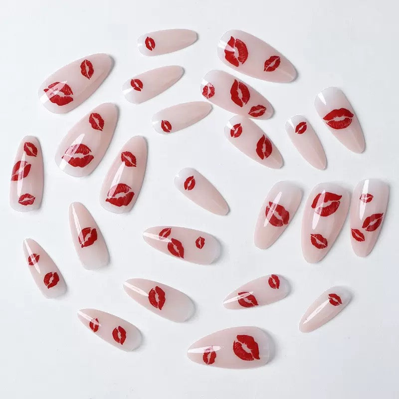 Valentine’s Day Sexy Red Lip Medium-Long Almond Press-On Nails with a Simple Design