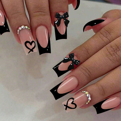 French Black Butterfly Bow Heart Rhinestone Mid-Square Press-On Nails