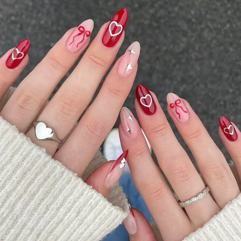 Valentine’s Day Sweet Red & Pink Heart, Bow and Star Almond Press-On Nails