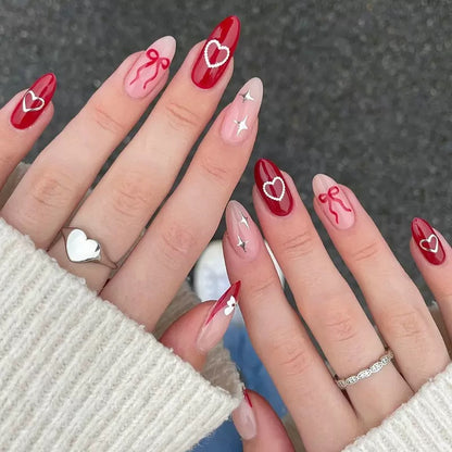 Valentine’s Day Sweet Red & Pink Heart, Bow and Star Almond Press-On Nails