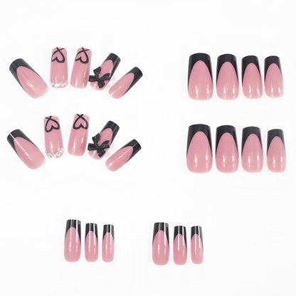 French Black Butterfly Bow Heart Rhinestone Mid-Square Press-On Nails