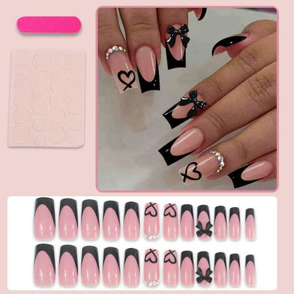 French Black Butterfly Bow Heart Rhinestone Mid-Square Press-On Nails