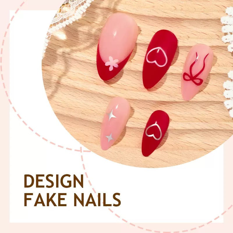 Valentine’s Day Sweet Red & Pink Heart, Bow and Star Almond Press-On Nails