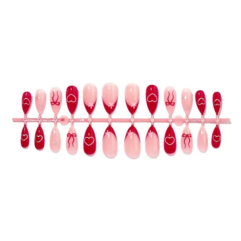 Valentine’s Day Sweet Red & Pink Heart, Bow and Star Almond Press-On Nails