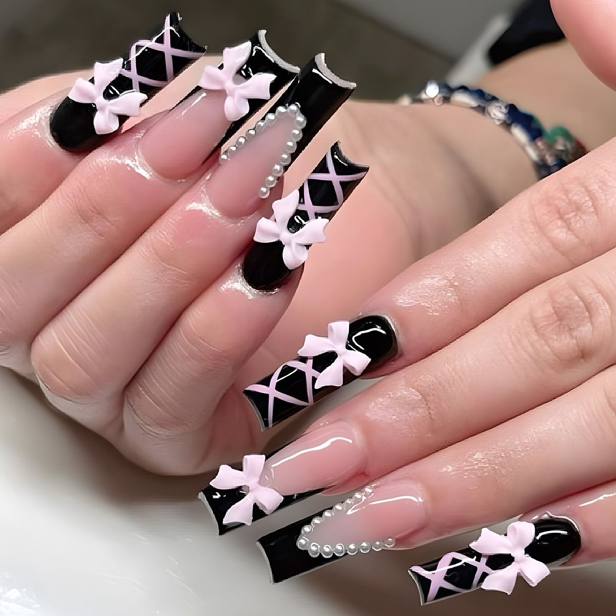 Elegant Black French Press-On Nails – Long Tube Pearl Decoration with Cross Butterfly Bow