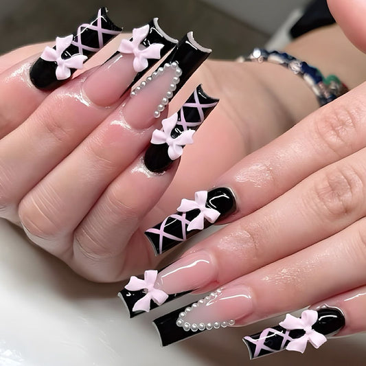 Elegant Black French Press-On Nails – Long Tube Pearl Decoration with Cross Butterfly Bow