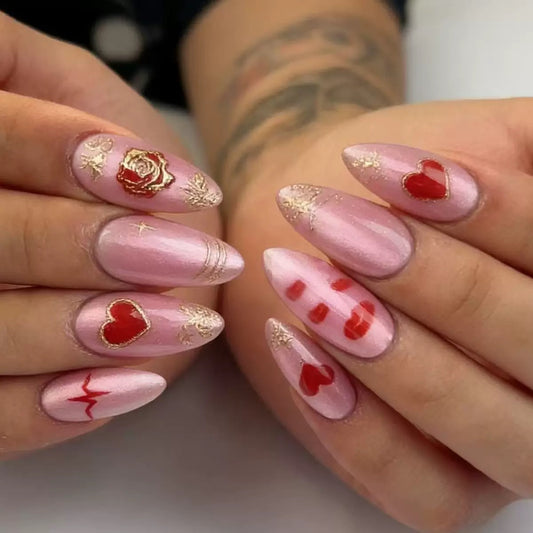 Valentine’s Day Heart, Rose, Red Lips, Gold-Accented Blush Cat-Eye Press-On Nails