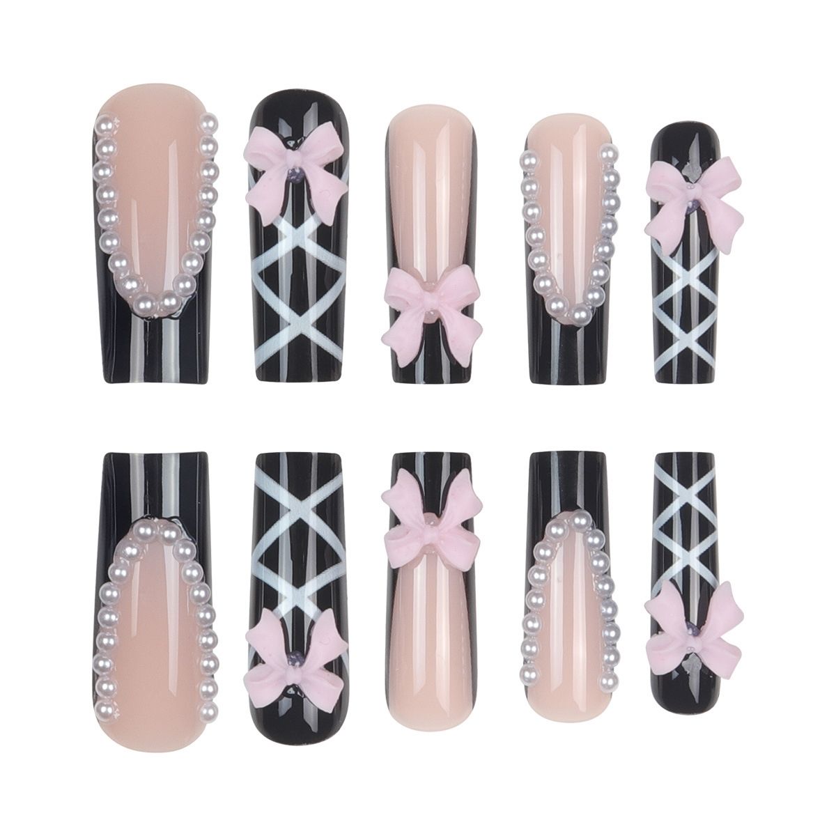 Elegant Black French Press-On Nails – Long Tube Pearl Decoration with Cross Butterfly Bow