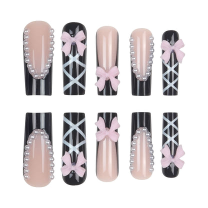 Elegant Black French Press-On Nails – Long Tube Pearl Decoration with Cross Butterfly Bow