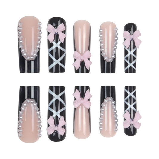 Elegant Black French Press-On Nails – Long Tube Pearl Decoration with Cross Butterfly Bow