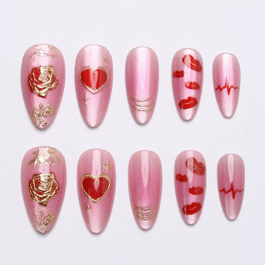 Valentine’s Day Heart, Rose, Red Lips, Gold-Accented Blush Cat-Eye Press-On Nails