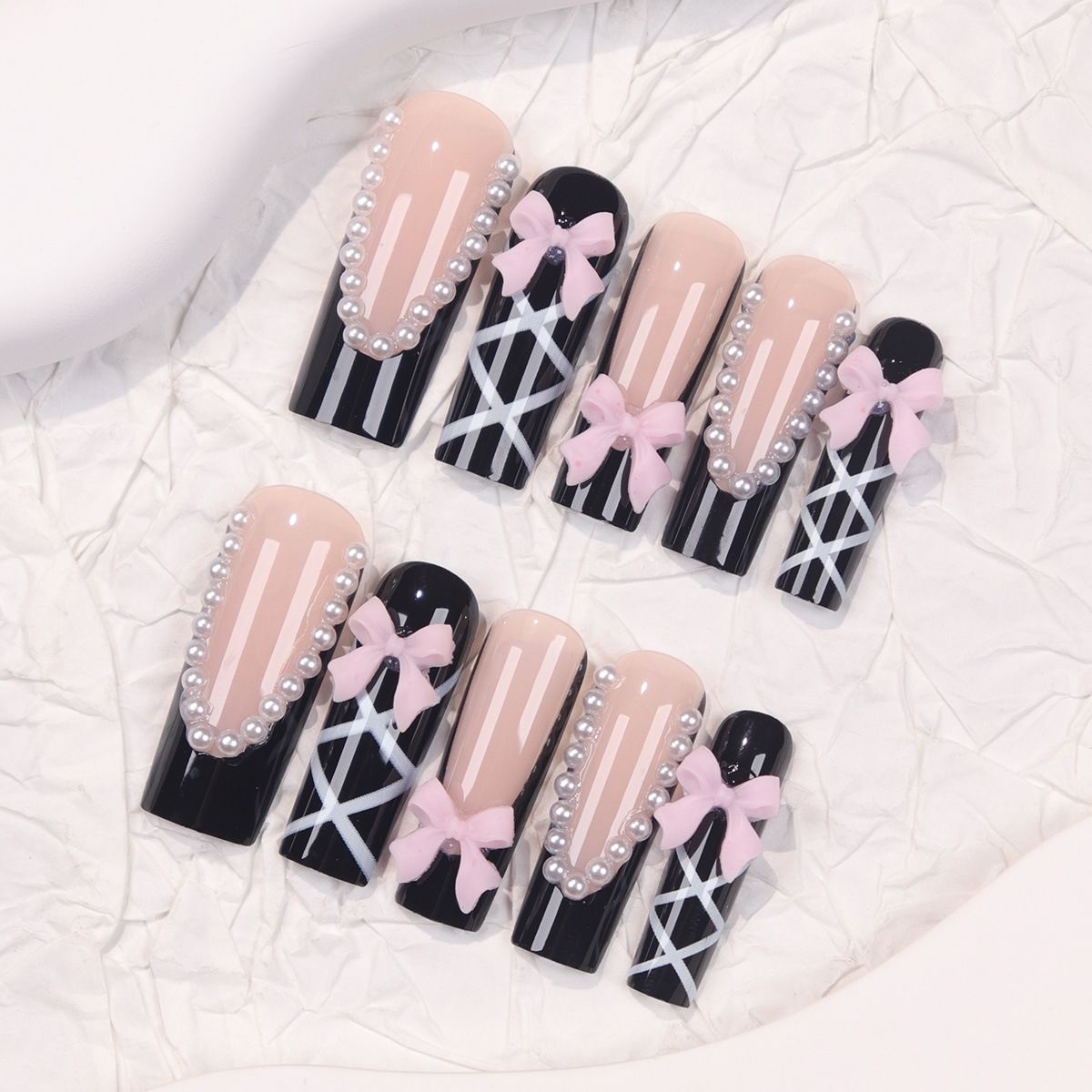 Elegant Black French Press-On Nails – Long Tube Pearl Decoration with Cross Butterfly Bow
