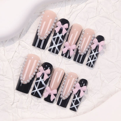 Elegant Black French Press-On Nails – Long Tube Pearl Decoration with Cross Butterfly Bow