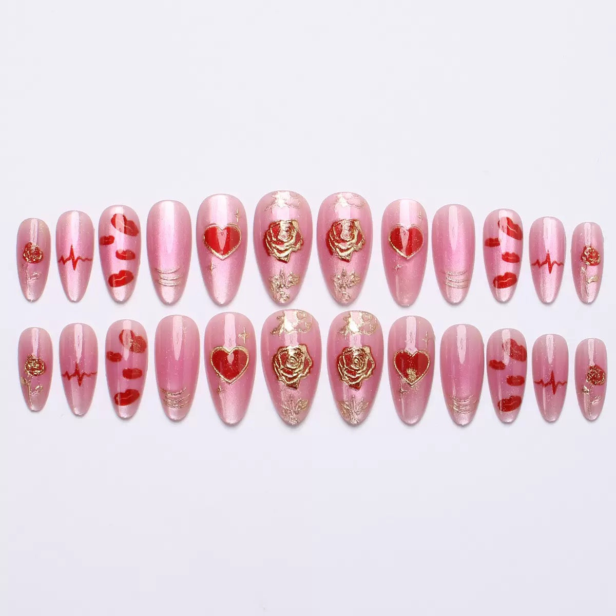 Valentine’s Day Heart, Rose, Red Lips, Gold-Accented Blush Cat-Eye Press-On Nails