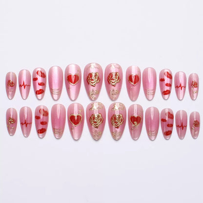 Valentine’s Day Heart, Rose, Red Lips, Gold-Accented Blush Cat-Eye Press-On Nails