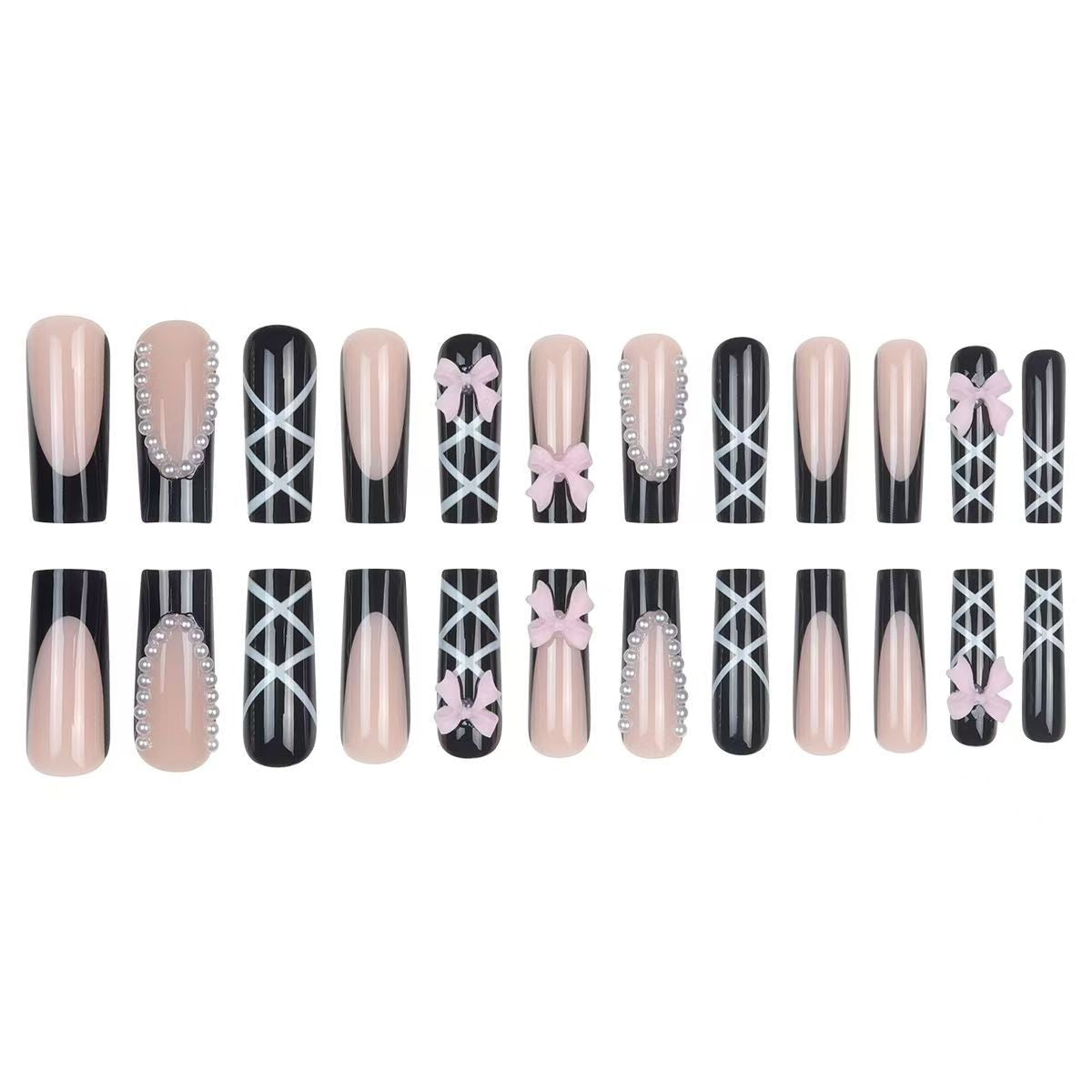 Elegant Black French Press-On Nails – Long Tube Pearl Decoration with Cross Butterfly Bow