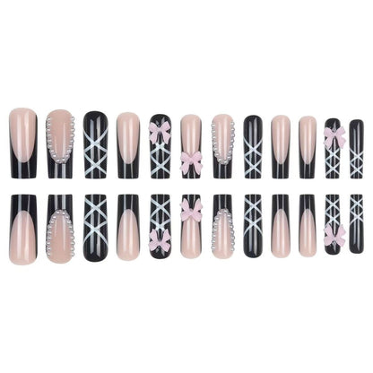 Elegant Black French Press-On Nails – Long Tube Pearl Decoration with Cross Butterfly Bow
