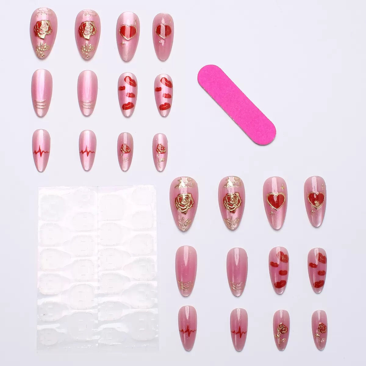 Valentine’s Day Heart, Rose, Red Lips, Gold-Accented Blush Cat-Eye Press-On Nails