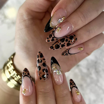 Black Leopard Print French-Edge Press-On Nails with Teardrop Rhinestones, Gold Chain & Metal Bead Accents
