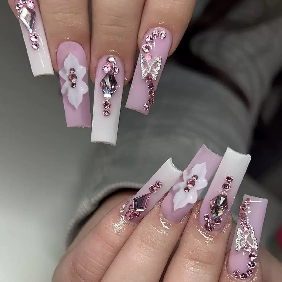 French Sweet 3D Carved Butterfly Press-On Nails with Rhinestone Long Tube Accent