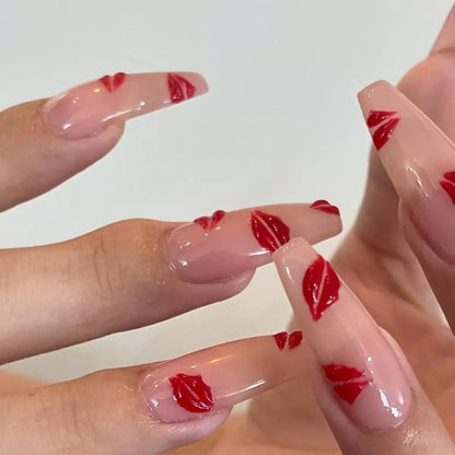 Valentine’s Day 3D Red Lips Long Ballet Pink Press-On Nails