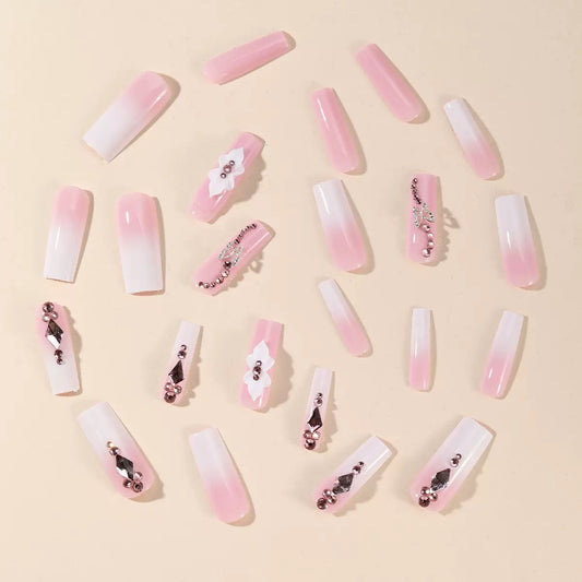 French Sweet 3D Carved Butterfly Press-On Nails with Rhinestone Long Tube Accent