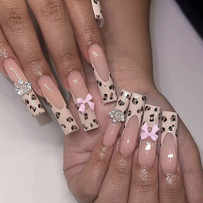 Leopard Print French-Edge Press-On Nails with Butterfly Bow & Crown Decoration