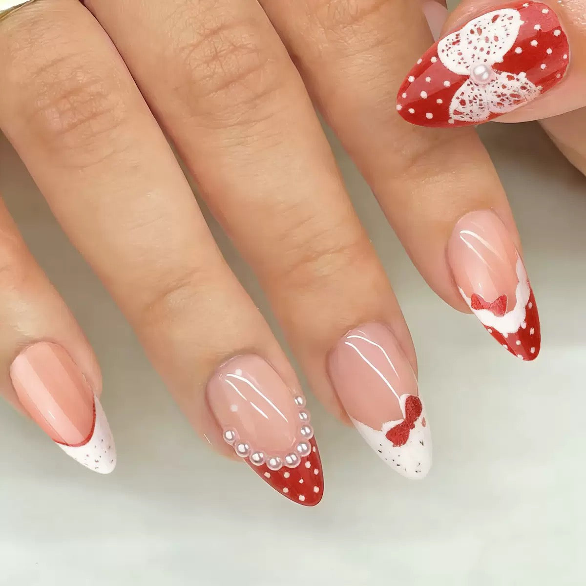 Valentine’s Day Red & White Polka Dot Lace Bow Pearl Press-On Nails
