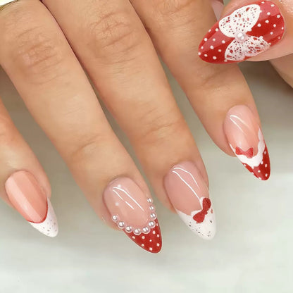 Valentine’s Day Red & White Polka Dot Lace Bow Pearl Press-On Nails