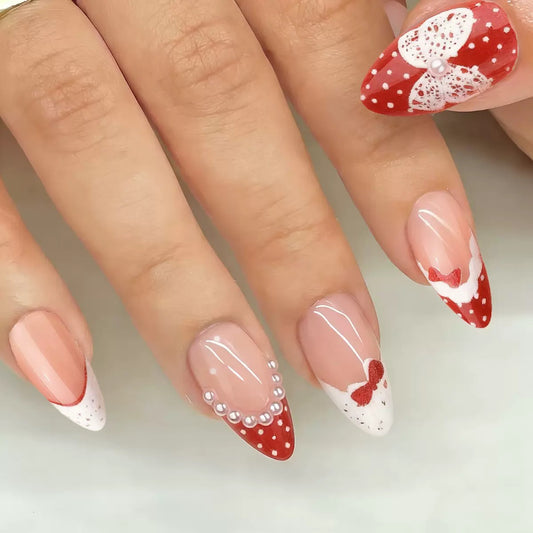 Valentine’s Day Red & White Polka Dot Lace Bow Pearl Press-On Nails