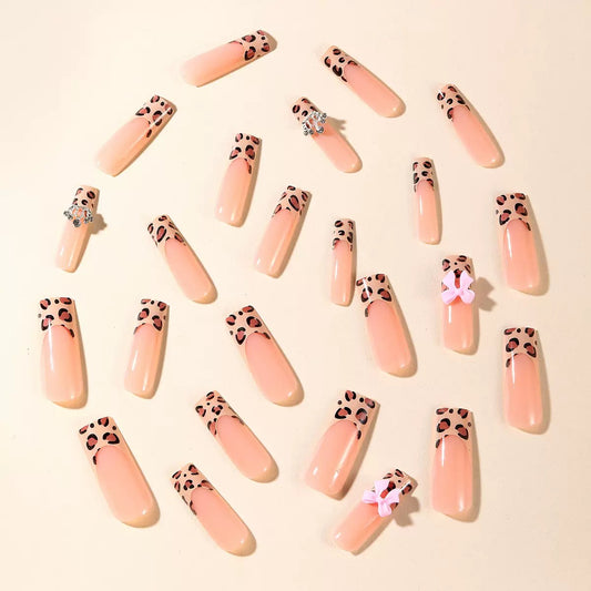 Leopard Print French-Edge Press-On Nails with Butterfly Bow & Crown Decoration
