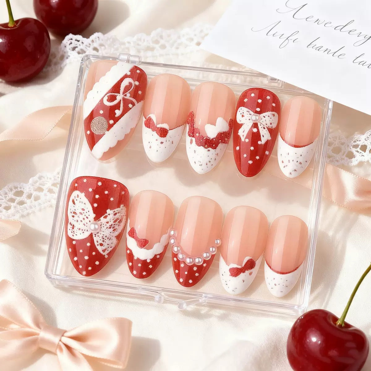 Valentine’s Day Red & White Polka Dot Lace Bow Pearl Press-On Nails