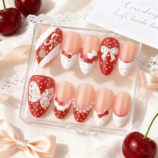 Valentine’s Day Red & White Polka Dot Lace Bow Pearl Press-On Nails