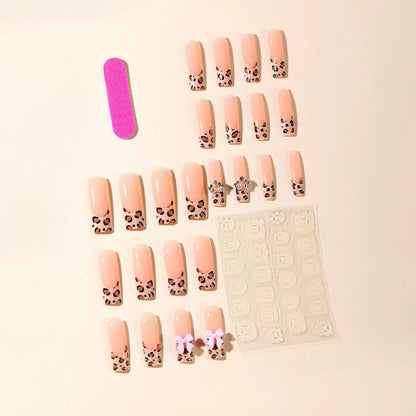 Leopard Print French-Edge Press-On Nails with Butterfly Bow & Crown Decoration