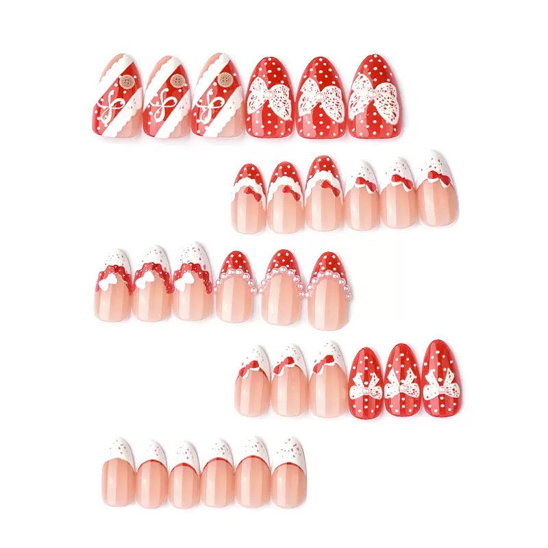 Valentine’s Day Red & White Polka Dot Lace Bow Pearl Press-On Nails