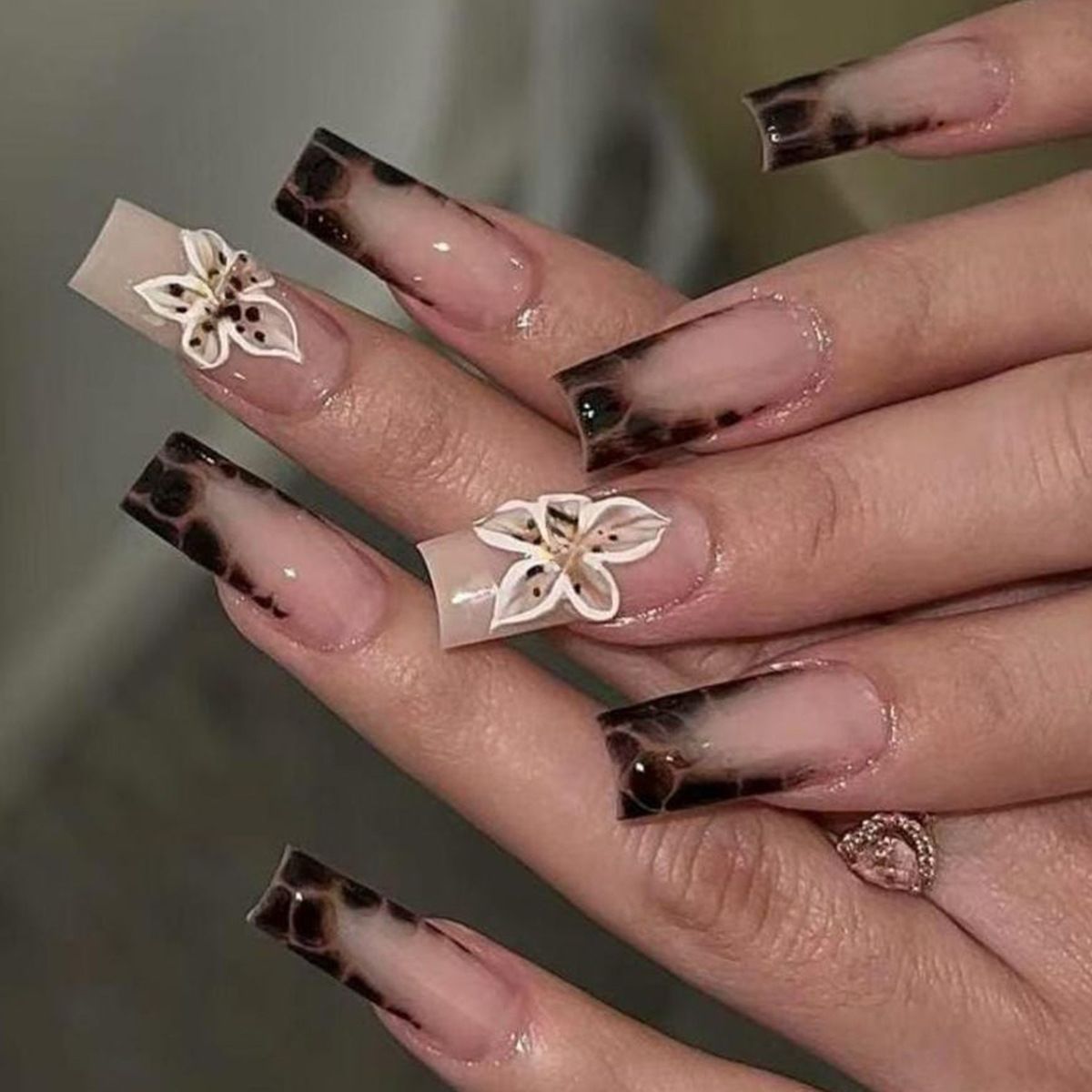 French Leopard Print 3D Flower Press-On Nails with Long Tube Accent