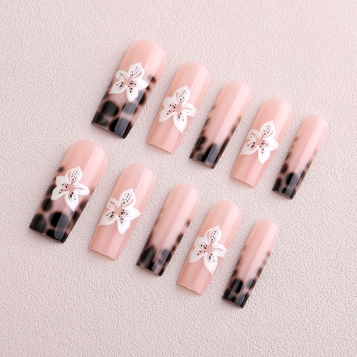 French Leopard Print 3D Flower Press-On Nails with Long Tube Accent