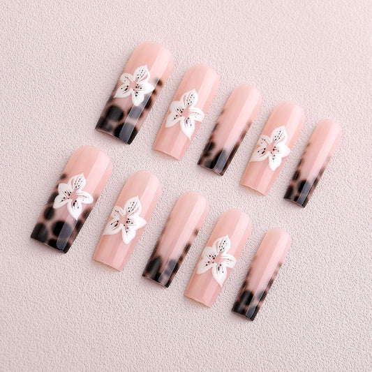 French Leopard Print 3D Flower Press-On Nails with Long Tube Accent